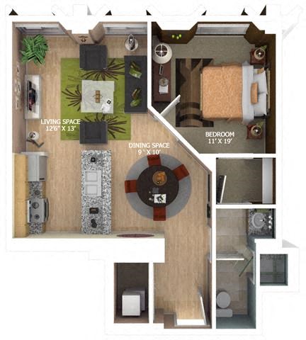 Floor plan for 1 bed, 1 bath, 745 sqft